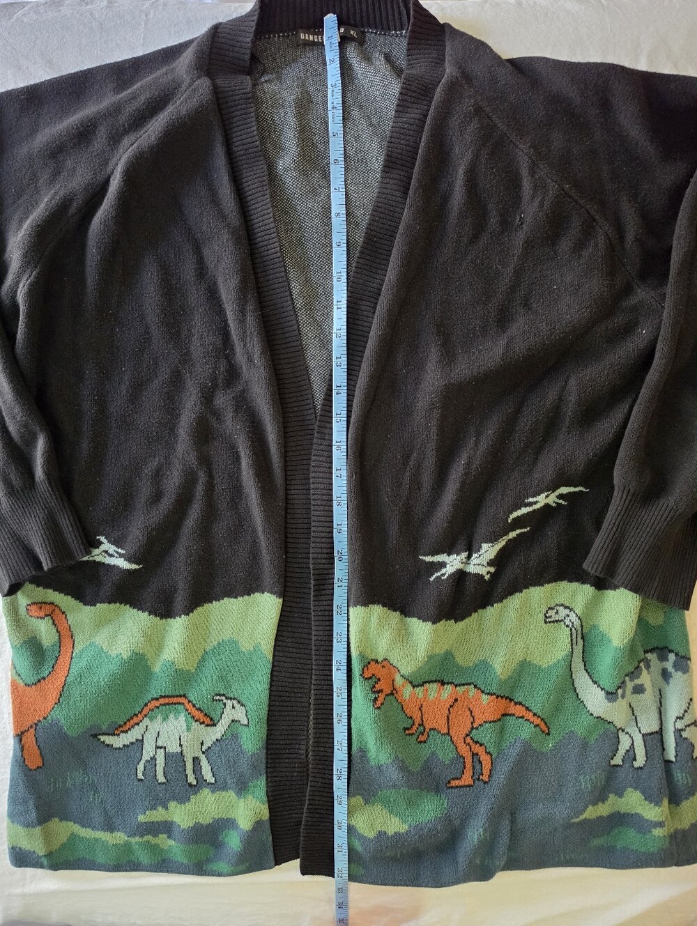 Dangerfield Dinosaur Knit Cardigan Sweater XL Cotton Black Green Whimsical Retro - Picture 4 of 8